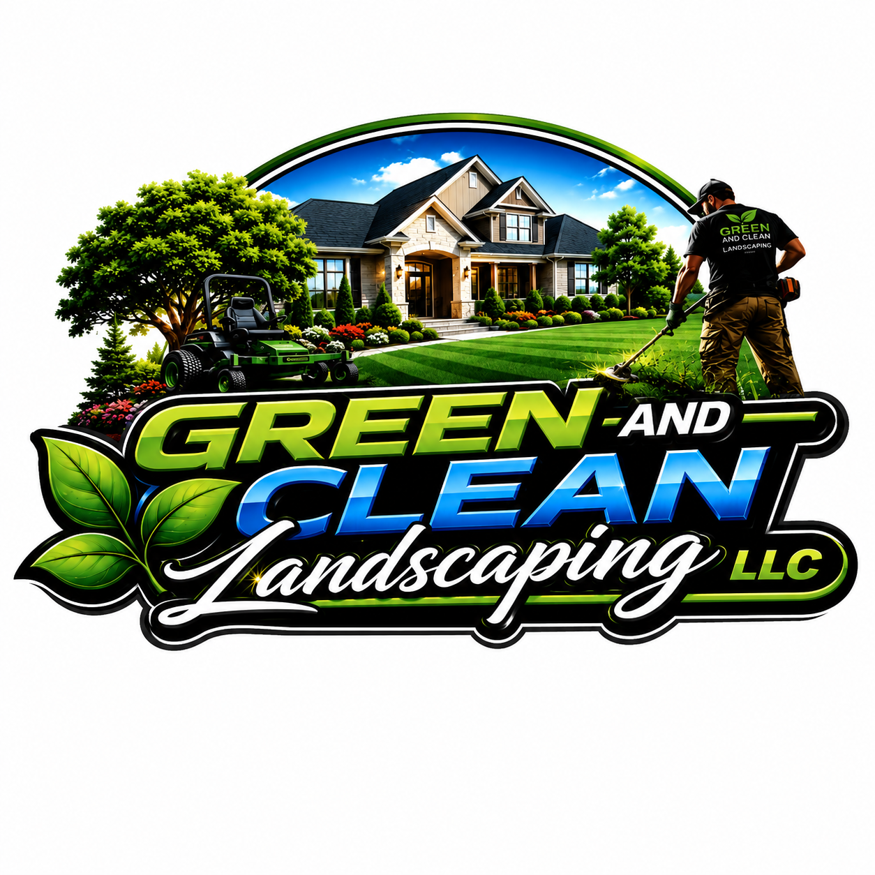 Green and Clean Landscaping LLC logo featuring a manicured lawn, home, and landscaping services
