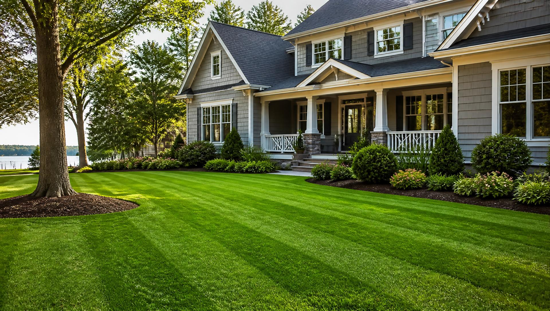 Freshly mowed lawn and manicured landscaping at a coastal Virginia home